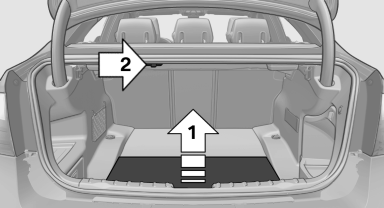 Raise the cargo floor panel, arrow 1, and latch at