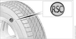 The symbol identifying run-flat tires is a circle with the letters RSC on the